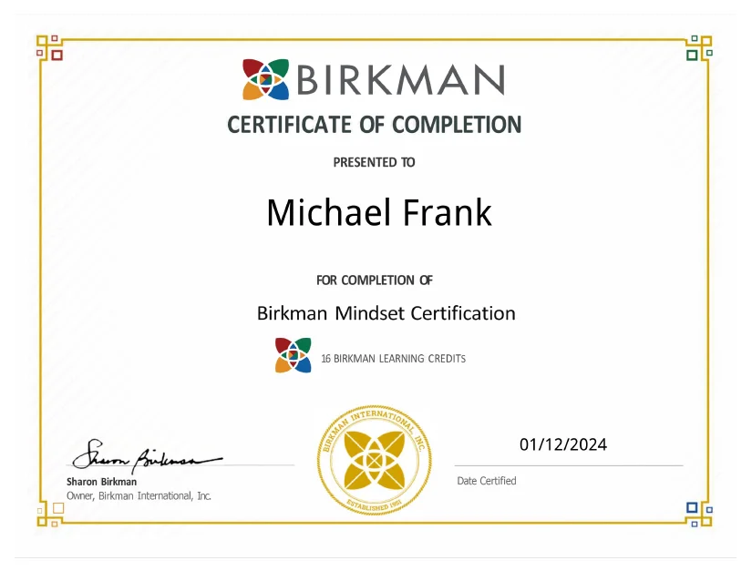 Birkman Mindset Zertifikat für Michael J. Frank, Leverkusen, Germany