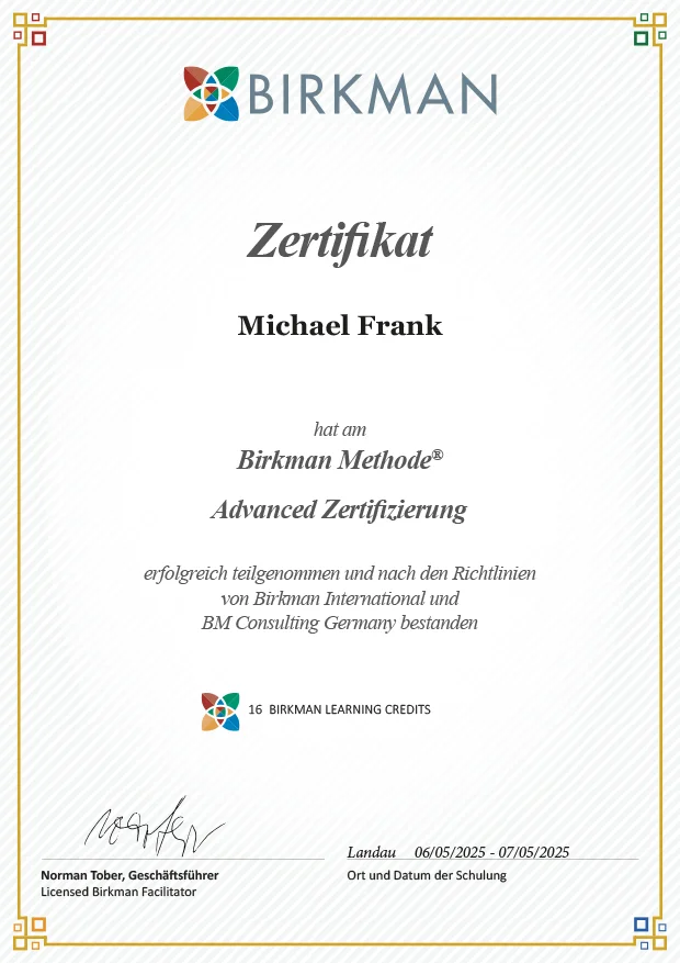 Birkman Advanced Zertifikat für Michael J. Frank, Leverkusen, Germany