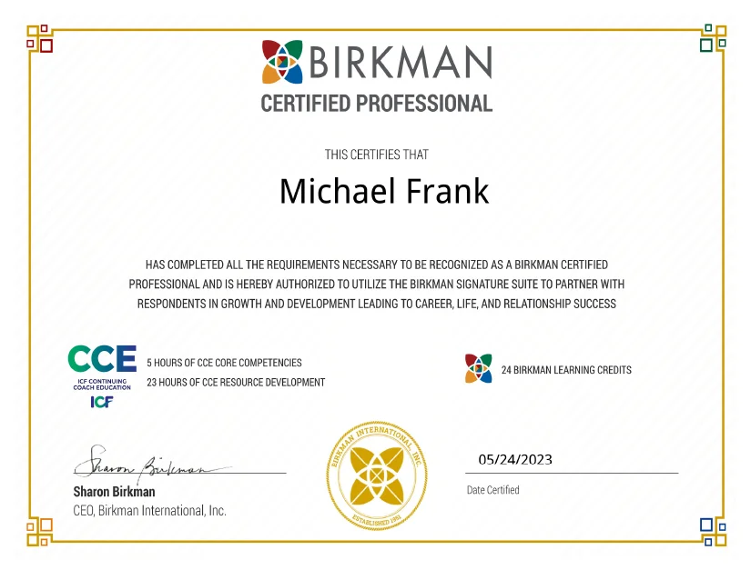 Zertifikat: Birkman Certified Professional Michael J. Frank, Leverkusen, Germany
